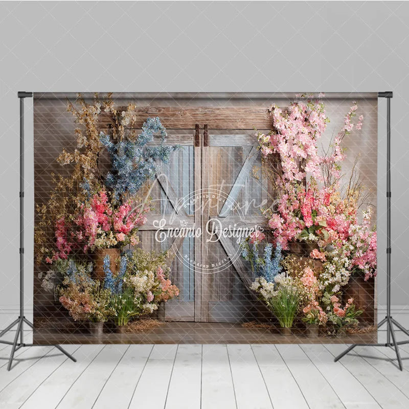 Aperturee - Aperturee Rustic Barn Door Photography Backdrop Spring Flowers in Pink and Blue Fine Art Painterly Photo Background