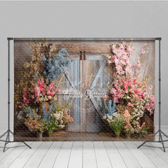Aperturee - Aperturee Rustic Barn Door Photography Backdrop Spring Flowers in Pink and Blue Fine Art Painterly Photo Background