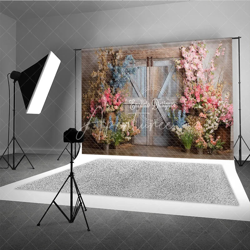 Aperturee - Aperturee Rustic Barn Door Photography Backdrop Spring Flowers in Pink and Blue Fine Art Painterly Photo Background