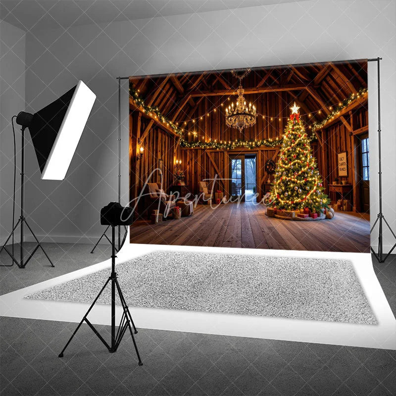 Aperturee - Aperturee Rustic Barn Interior Christmas Backdrop Wooden Room with Chandelier Lighted Xmas Tree Holiday Photo Prop