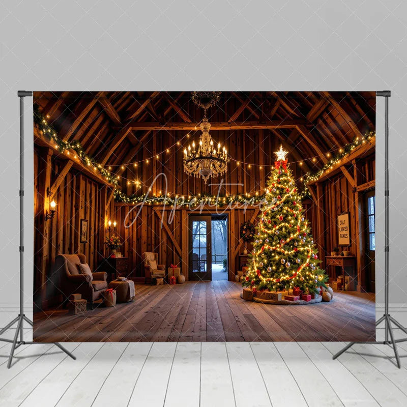 Aperturee - Aperturee Rustic Barn Interior Christmas Backdrop Wooden Room with Chandelier Lighted Xmas Tree Holiday Photo Prop