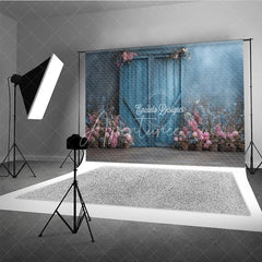 Aperturee - Aperturee Rustic Blue Barn Door Photography Backdrop Spring Flowers on Textured Wall Fine Art Painterly Photo Background