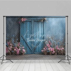 Aperturee - Aperturee Rustic Blue Barn Door Photography Backdrop Spring Flowers on Textured Wall Fine Art Painterly Photo Background