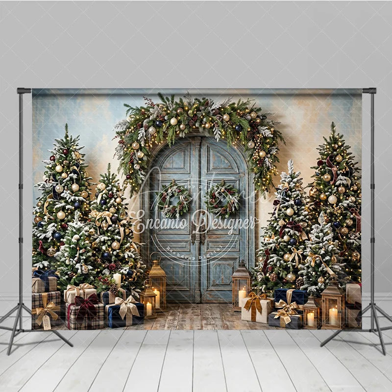Aperturee - Aperturee Rustic Blue Door Holiday Backdrop with Festive Garland and Snow-Dusted Christmas Trees Elegant Gifts and Lanterns