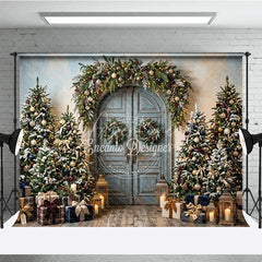 Aperturee - Aperturee Rustic Blue Door Holiday Backdrop with Festive Garland and Snow-Dusted Christmas Trees Elegant Gifts and Lanterns