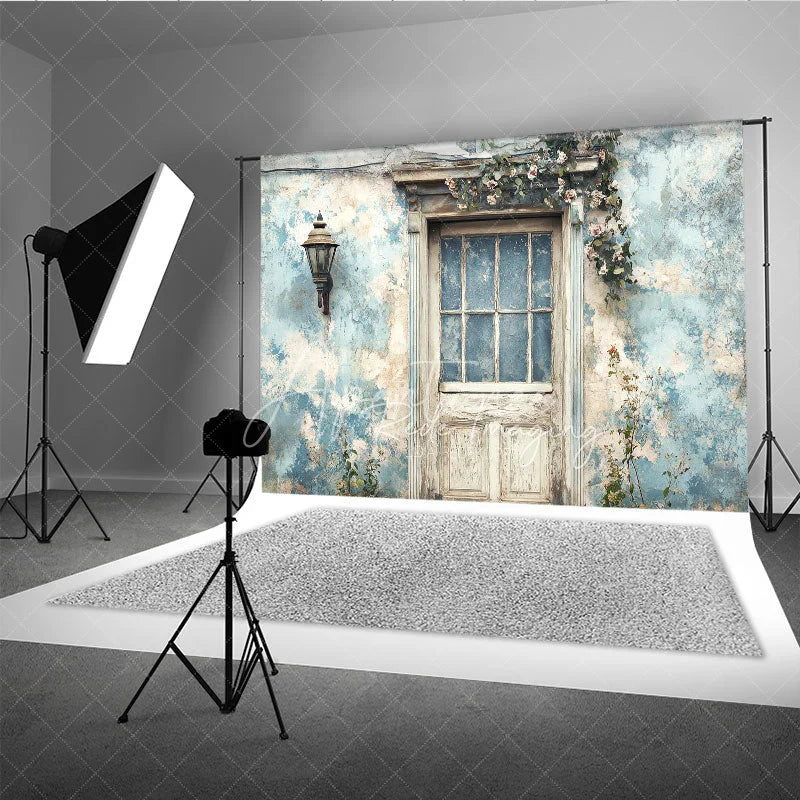 Aperturee - Aperturee Rustic Blue Wall and Door Retro Wall Backdrop Vintage Garden Entrance Photography Background