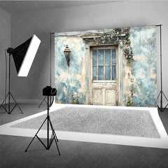 Aperturee - Aperturee Rustic Blue Wall and Door Retro Wall Backdrop Vintage Garden Entrance Photography Background