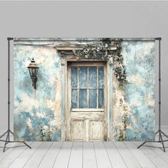 Aperturee - Aperturee Rustic Blue Wall and Door Retro Wall Backdrop Vintage Garden Entrance Photography Background