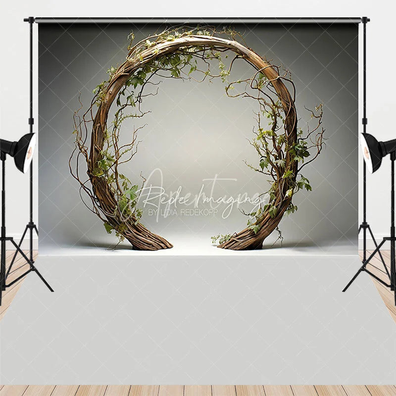 Aperturee - Aperturee Rustic Branch Wreath and Green Leaves Combo Set Backdrop Natural Circular Arch Photography Background