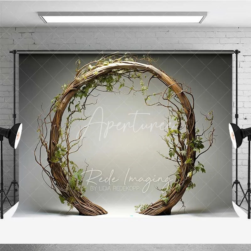 Aperturee - Aperturee Rustic Branch Wreath and Green Leaves Combo Set Backdrop Natural Circular Arch Photography Background