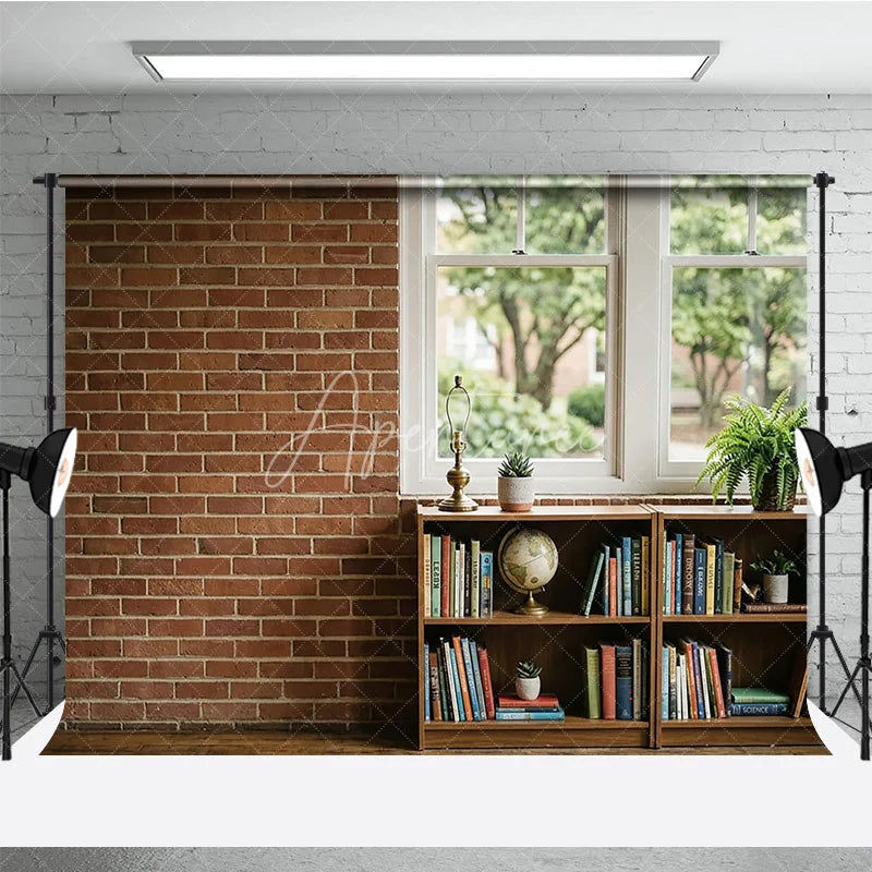 Aperturee - Aperturee Rustic Brick Wall and Window Photography Backdrop with Bookshelf Globe and Green Plants Natural Light Interior Scene