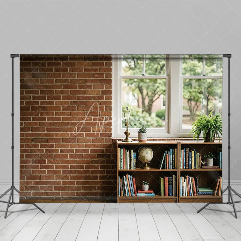 Aperturee - Aperturee Rustic Brick Wall and Window Photography Backdrop with Bookshelf Globe and Green Plants Natural Light Interior Scene