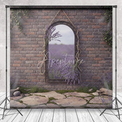 Aperturee - Aperturee Rustic Brick Wall Arched Mirror Photography Backdrop Reflecting Lavender Field and Stone Path Garden Theme