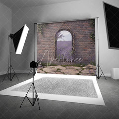 Aperturee - Aperturee Rustic Brick Wall Arched Mirror Photography Backdrop Reflecting Lavender Field and Stone Path Garden Theme