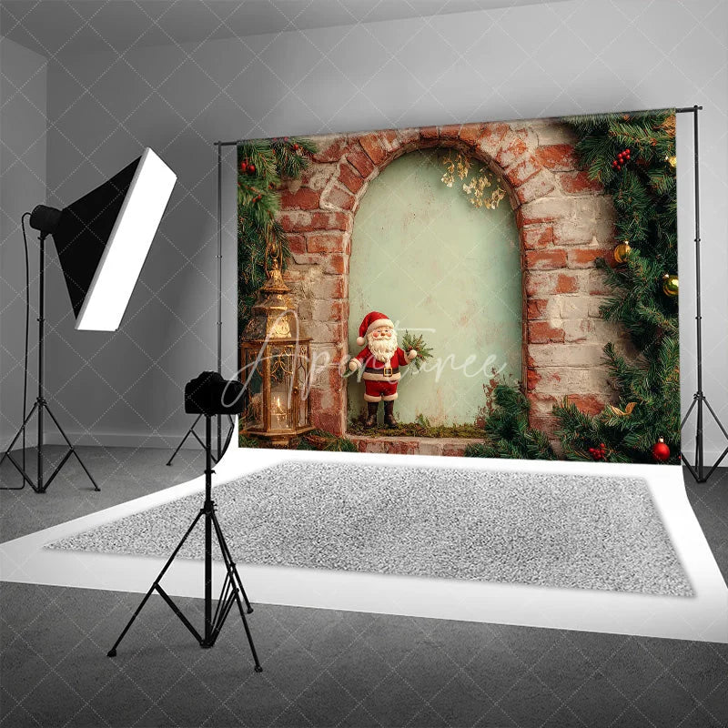 Aperturee - Aperturee Rustic Brick Wall Christmas Backdrop Santa Figurine Arch Photography Background Vintage Lantern Holiday Party Prop