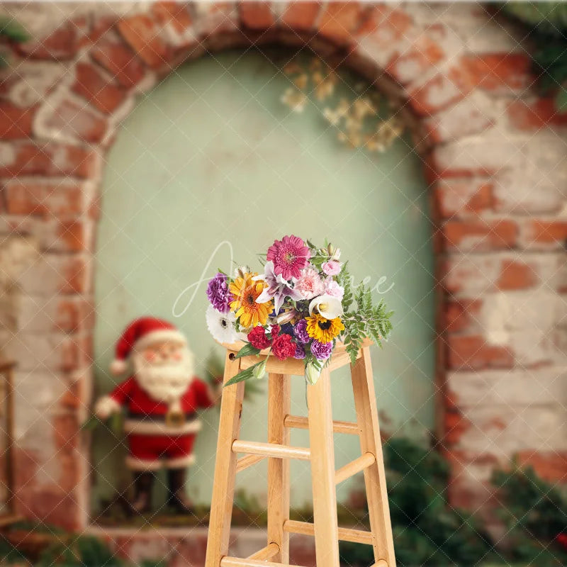 Aperturee - Aperturee Rustic Brick Wall Christmas Backdrop Santa Figurine Arch Photography Background Vintage Lantern Holiday Party Prop