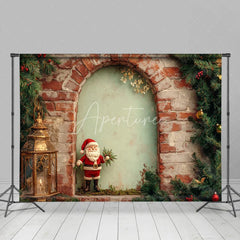 Aperturee - Aperturee Rustic Brick Wall Christmas Backdrop Santa Figurine Arch Photography Background Vintage Lantern Holiday Party Prop