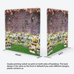 Aperturee - Aperturee Rustic Brick Wall Floral Garlands and White Picket Fence Square Double-Sided Backdrop Vibrant Spring Garden Party