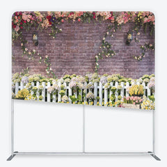 Aperturee - Aperturee Rustic Brick Wall Floral Garlands and White Picket Fence Square Double-Sided Backdrop Vibrant Spring Garden Party