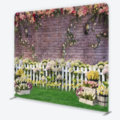 Aperturee - Aperturee Rustic Brick Wall Floral Garlands and White Picket Fence Square Double-Sided Backdrop Vibrant Spring Garden Party