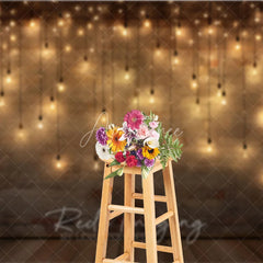 Aperturee - Aperturee Rustic Brick Wall Photography Backdrop with Warm String Lights and Wooden Floor Cozy Festive Party Decor