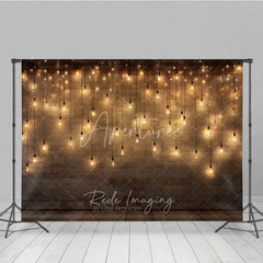 Aperturee - Aperturee Rustic Brick Wall Photography Backdrop with Warm String Lights and Wooden Floor Cozy Festive Party Decor