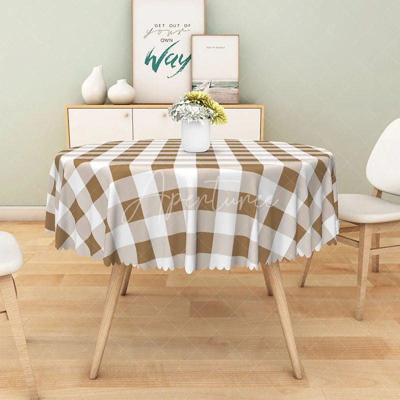Aperturee - Aperturee Rustic Brown and White Gingham Round Tablecloth for Farmhouse Kitchen and Thanksgiving Dinner Decor