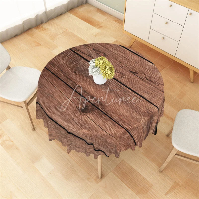Aperturee - Aperturee Rustic Brown Wood Round Tablecloth Vintage Wooden Plank Texture Table Cover for Kitchen Dining