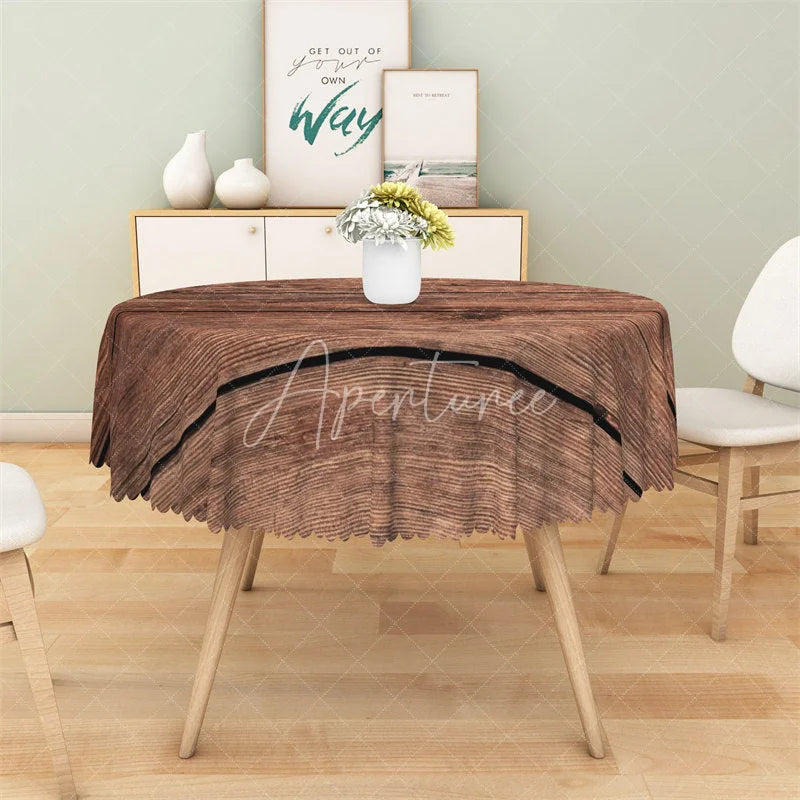 Aperturee - Aperturee Rustic Brown Wood Round Tablecloth Vintage Wooden Plank Texture Table Cover for Kitchen Dining