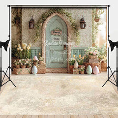 Aperturee - Aperturee Rustic Bunny House Arched Door with Greenery and Easter Eggs Spring Floral Combo Set Backdrops for Baby Shower