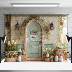Aperturee - Aperturee Rustic Bunny House Arched Door with Greenery and Easter Eggs Spring Floral Combo Set Backdrops for Baby Shower