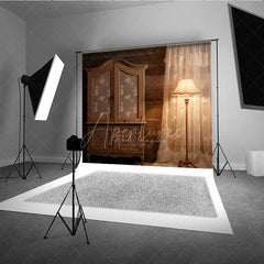 Aperturee Aperturee Rustic Cabin Interior Photography Backdrop Vintage Wood Armoire and Lace Curtain Moody Farmhouse Studio Prop