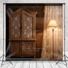 Aperturee Aperturee Rustic Cabin Interior Photography Backdrop Vintage Wood Armoire and Lace Curtain Moody Farmhouse Studio Prop