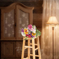 Aperturee Aperturee Rustic Cabin Interior Photography Backdrop Vintage Wood Armoire and Lace Curtain Moody Farmhouse Studio Prop