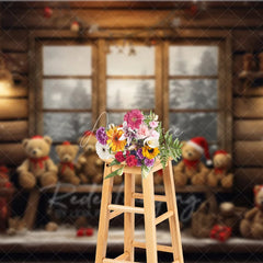 Aperturee - Aperturee Rustic Cabin Window Christmas Backdrop Teddy Bear Snow View Background Wooden House Winter Holiday Party Decoration