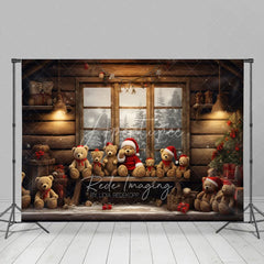 Aperturee - Aperturee Rustic Cabin Window Christmas Backdrop Teddy Bear Snow View Background Wooden House Winter Holiday Party Decoration