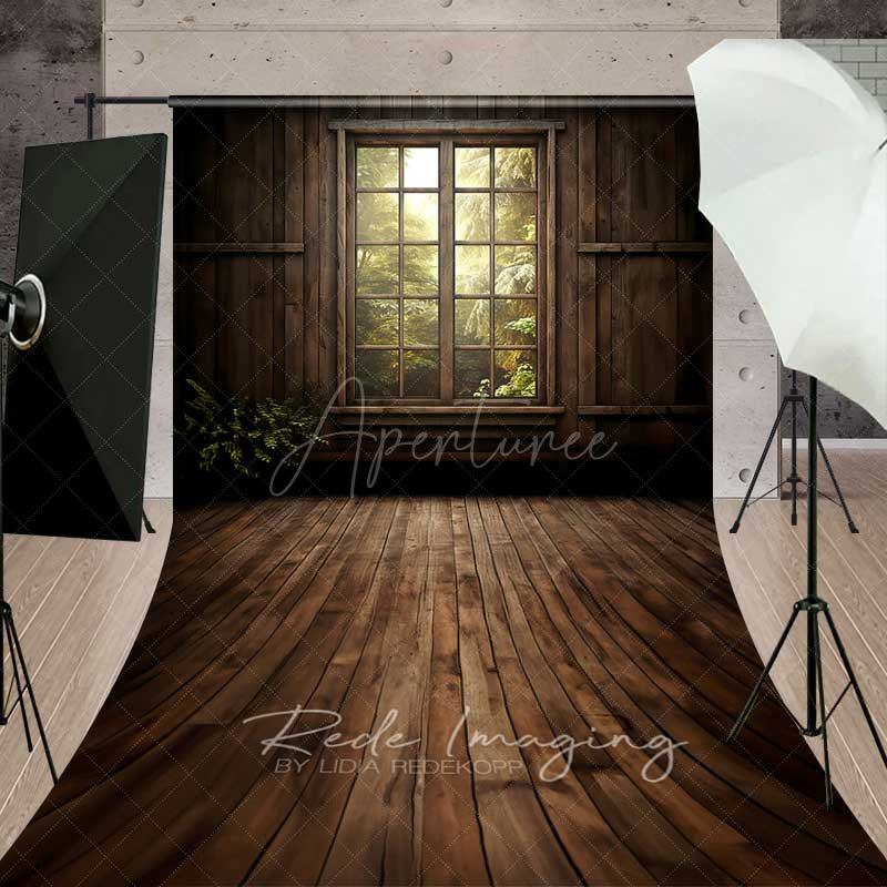 Aperturee Aperturee Rustic Cabin Window Sweep Photography Backdrop with Wood Floor Forest Sunlight View Moody Woodland Studio Photo Prop