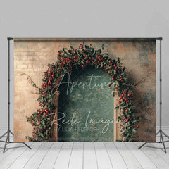 Aperturee - Aperturee Rustic Christmas Arch Backdrop Red Berry Garland Grunge Wall Vintage Doorway Photo Background