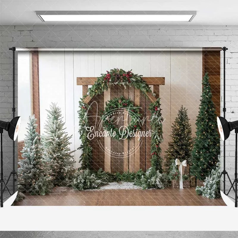 Aperturee - Aperturee Rustic Christmas Barn Backdrop Winter Greenery Arch Wood Door Photography Background