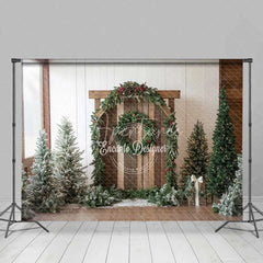 Aperturee - Aperturee Rustic Christmas Barn Backdrop Winter Greenery Arch Wood Door Photography Background