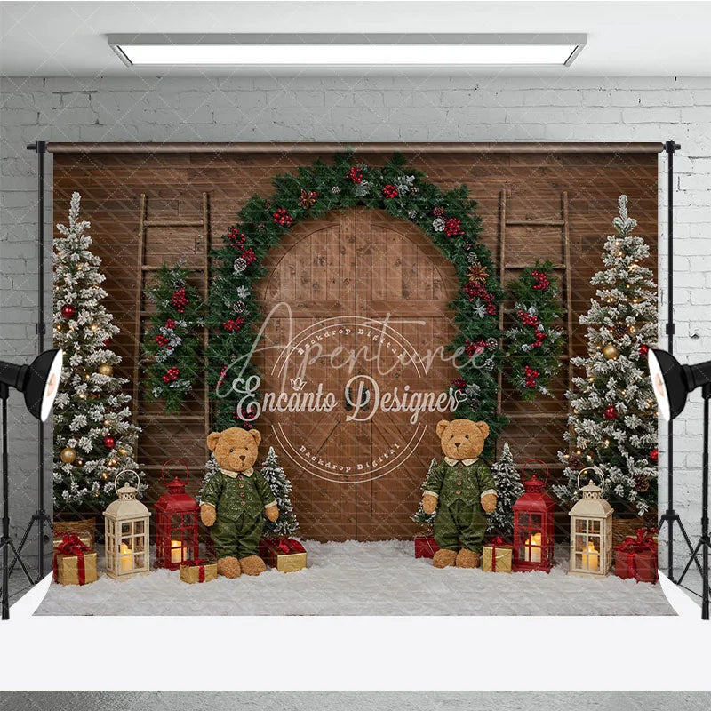 Aperturee - Aperturee Rustic Christmas Barn Door Photography Backdrop Flocked Trees and Teddy Bears Farmhouse Holiday Mini Sessions