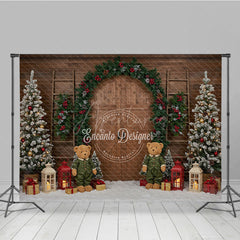 Aperturee - Aperturee Rustic Christmas Barn Door Photography Backdrop Flocked Trees and Teddy Bears Farmhouse Holiday Mini Sessions