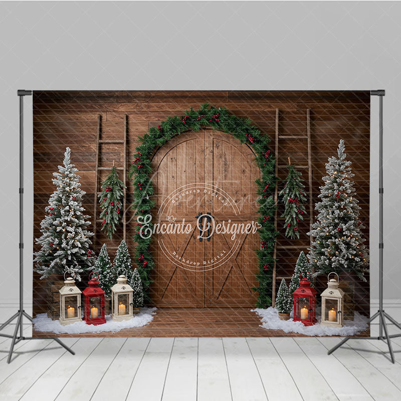 Aperturee - Aperturee Rustic Christmas Barn Door Photography Backdrop Flocked Trees in Snow Farmhouse Holiday Photo Background
