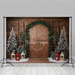 Aperturee - Aperturee Rustic Christmas Barn Door Photography Backdrop Flocked Trees in Snow Farmhouse Holiday Photo Background