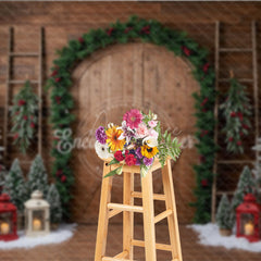 Aperturee - Aperturee Rustic Christmas Barn Door Photography Backdrop Flocked Trees in Snow Farmhouse Holiday Photo Background