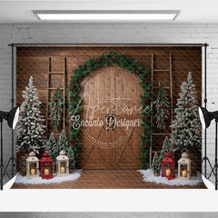 Aperturee - Aperturee Rustic Christmas Barn Door Photography Backdrop Flocked Trees in Snow Farmhouse Holiday Photo Background