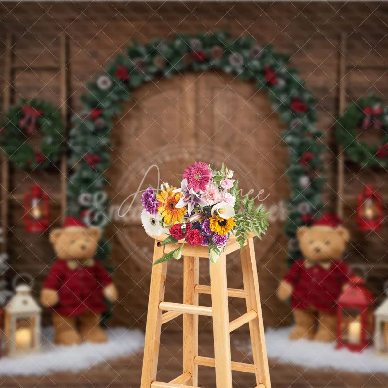 Aperturee - Aperturee Rustic Christmas Barn Door Photography Backdrop Flocked Trees with Teddy Bears Farmhouse Holiday Background