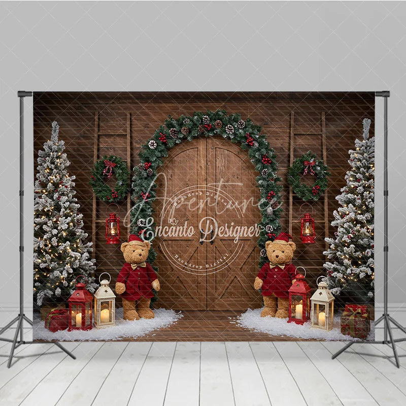 Aperturee - Aperturee Rustic Christmas Barn Door Photography Backdrop Flocked Trees with Teddy Bears Farmhouse Holiday Background