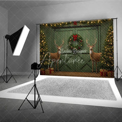 Aperturee - Aperturee Rustic Christmas Barn Door Photography Backdrop Green Door with Reindeer Farmhouse Holiday Photo Background