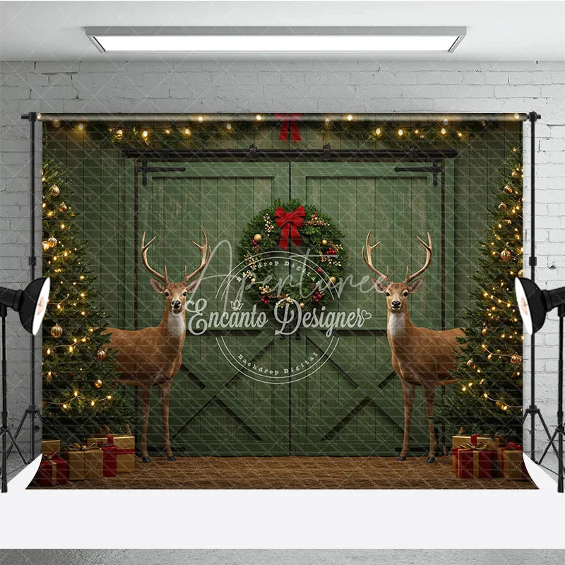 Aperturee - Aperturee Rustic Christmas Barn Door Photography Backdrop Green Door with Reindeer Farmhouse Holiday Photo Background